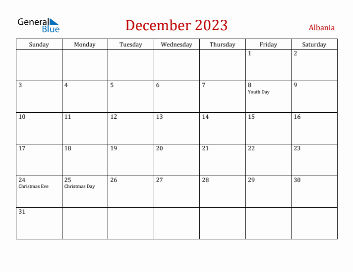 Albania December 2023 Calendar - Sunday Start