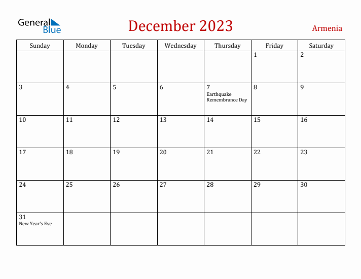 Armenia December 2023 Calendar - Sunday Start