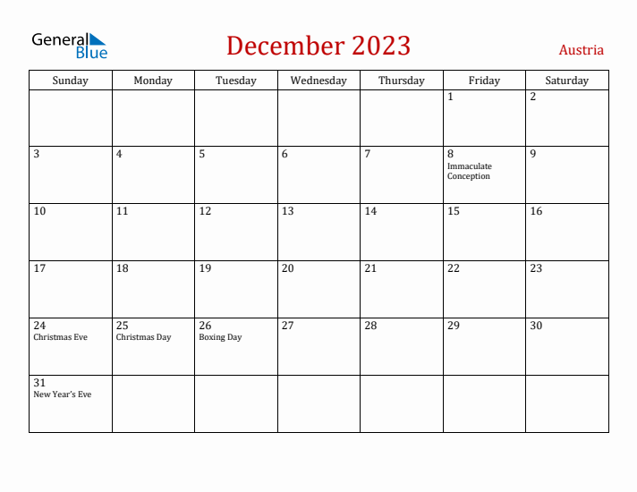 Austria December 2023 Calendar - Sunday Start