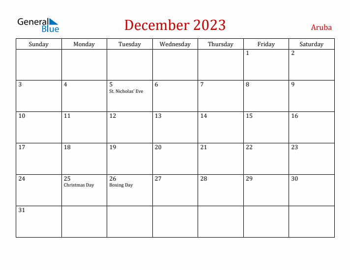 Aruba December 2023 Calendar - Sunday Start