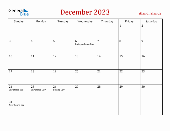Aland Islands December 2023 Calendar - Sunday Start