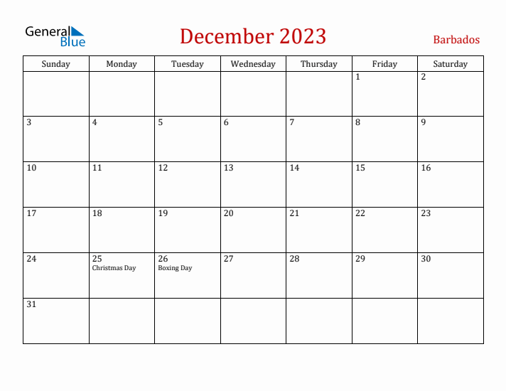 Barbados December 2023 Calendar - Sunday Start