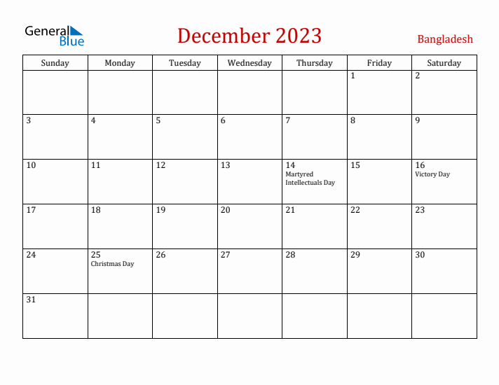Bangladesh December 2023 Calendar - Sunday Start