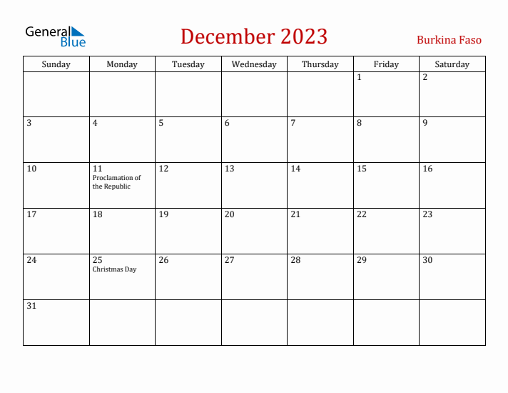 Burkina Faso December 2023 Calendar - Sunday Start