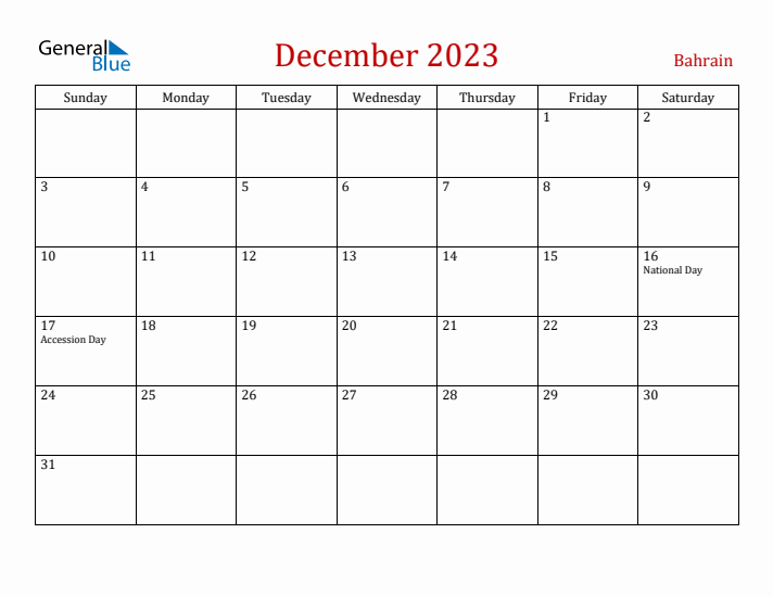 Bahrain December 2023 Calendar - Sunday Start