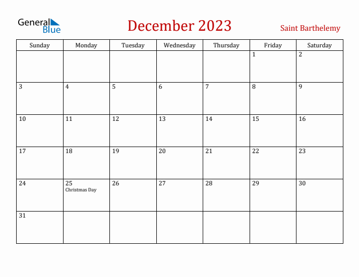 Saint Barthelemy December 2023 Calendar - Sunday Start