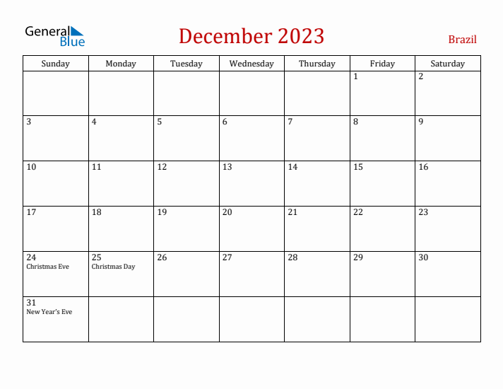 Brazil December 2023 Calendar - Sunday Start