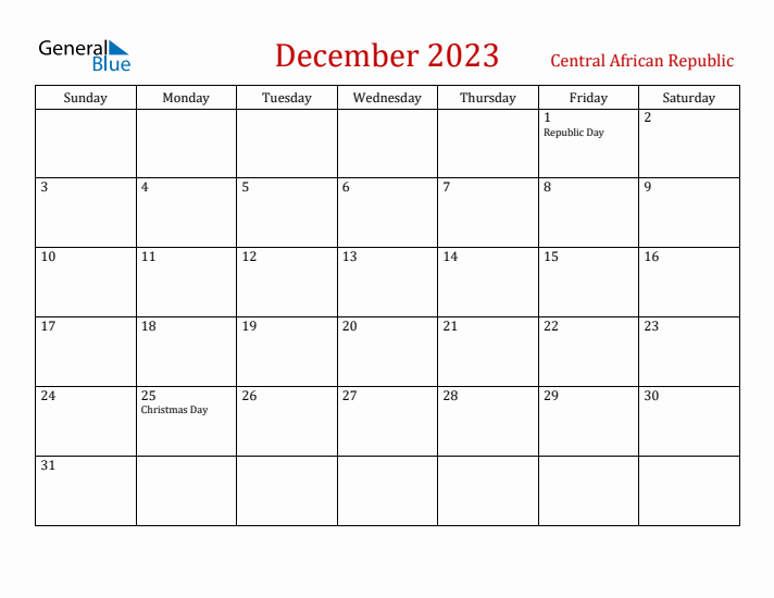 Central African Republic December 2023 Calendar - Sunday Start