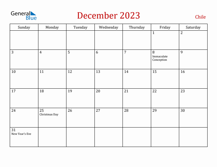 Chile December 2023 Calendar - Sunday Start
