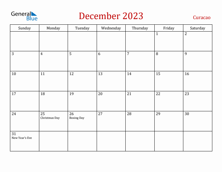 Curacao December 2023 Calendar - Sunday Start