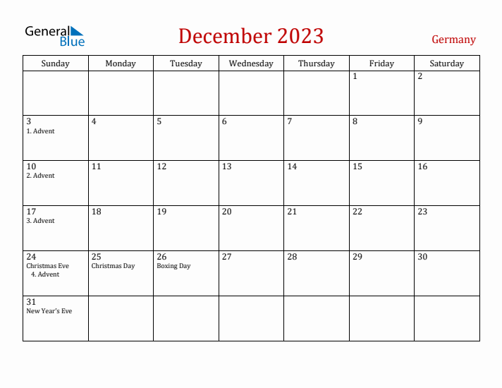 Germany December 2023 Calendar - Sunday Start