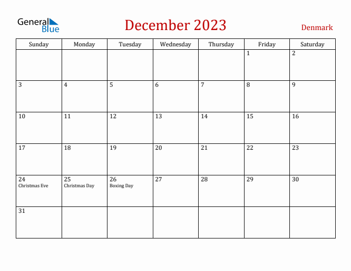 Denmark December 2023 Calendar - Sunday Start