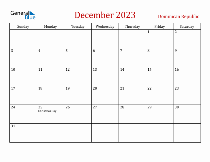 Dominican Republic December 2023 Calendar - Sunday Start