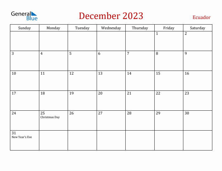 Ecuador December 2023 Calendar - Sunday Start