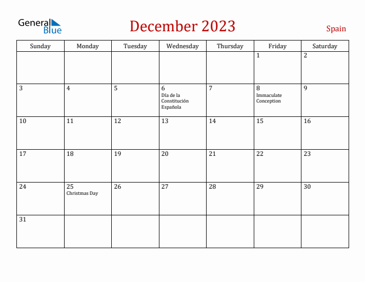 Spain December 2023 Calendar - Sunday Start
