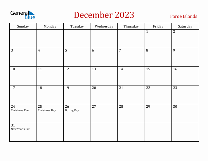 Faroe Islands December 2023 Calendar - Sunday Start