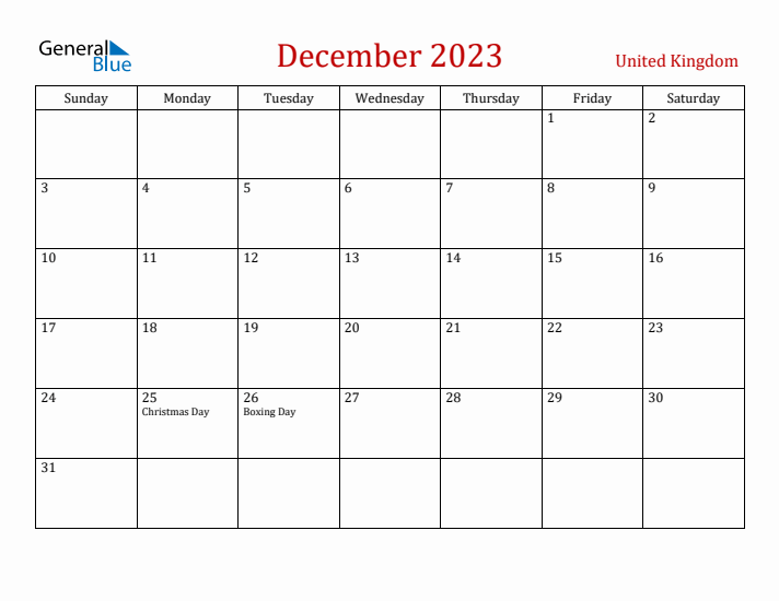 United Kingdom December 2023 Calendar - Sunday Start