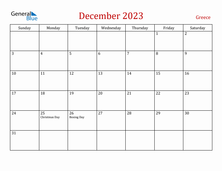 Greece December 2023 Calendar - Sunday Start