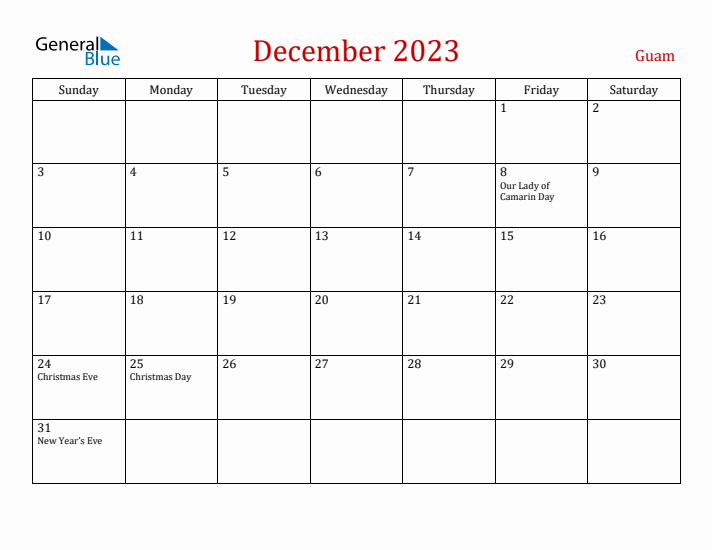 Guam December 2023 Calendar - Sunday Start