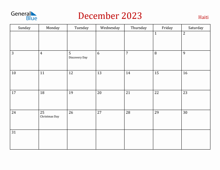 Haiti December 2023 Calendar - Sunday Start