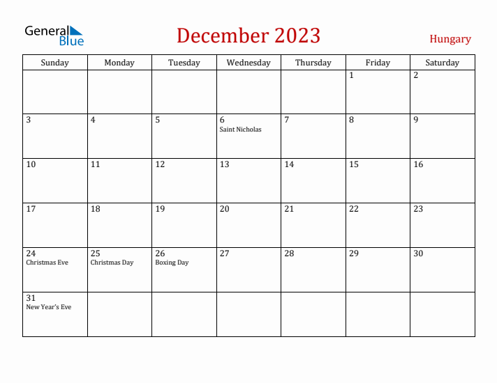 Hungary December 2023 Calendar - Sunday Start