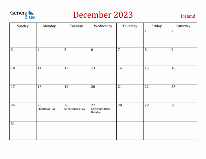 Ireland December 2023 Calendar - Sunday Start
