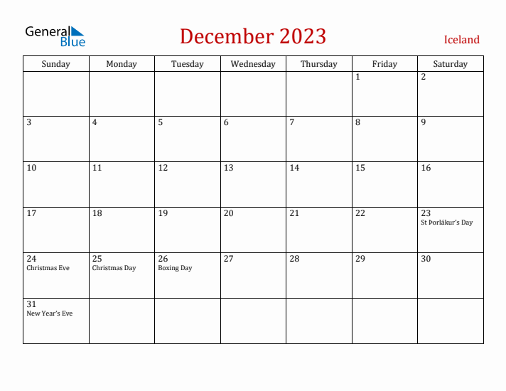 Iceland December 2023 Calendar - Sunday Start