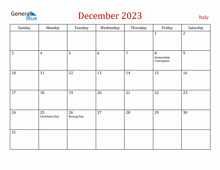 Italy December 2023 Calendar - Sunday Start