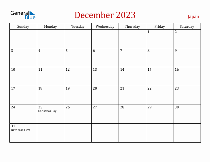 Japan December 2023 Calendar - Sunday Start