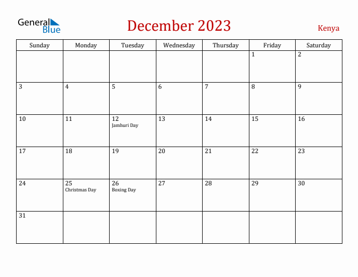 Kenya December 2023 Calendar - Sunday Start