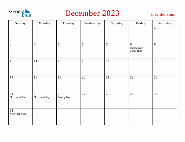 Liechtenstein December 2023 Calendar - Sunday Start