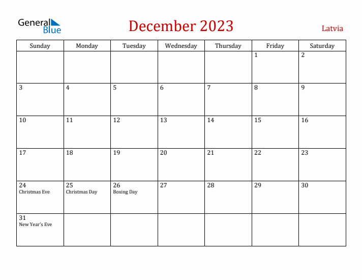 Latvia December 2023 Calendar - Sunday Start