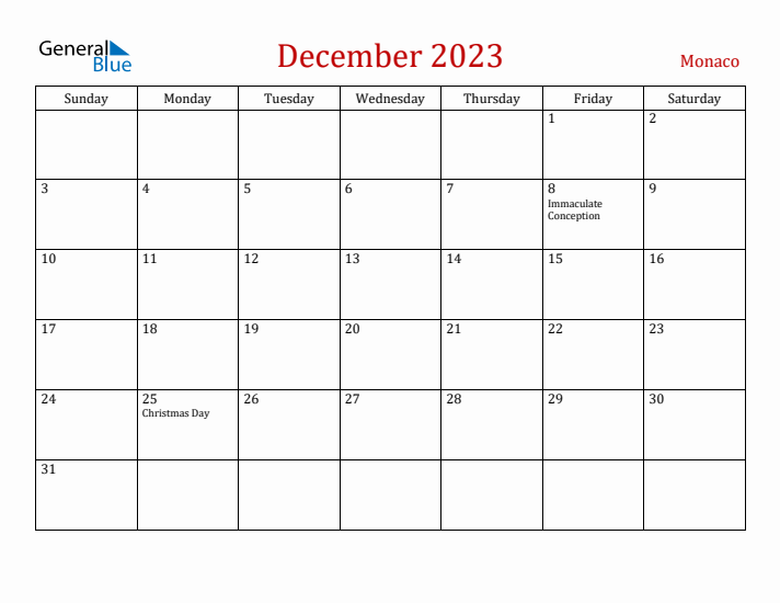 Monaco December 2023 Calendar - Sunday Start