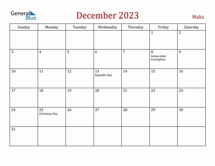 Malta December 2023 Calendar - Sunday Start