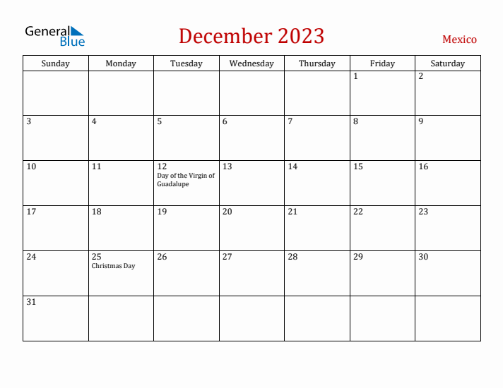 Mexico December 2023 Calendar - Sunday Start