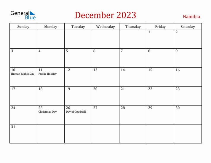 Namibia December 2023 Calendar - Sunday Start