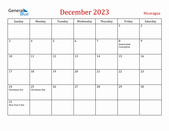 Nicaragua December 2023 Calendar - Sunday Start