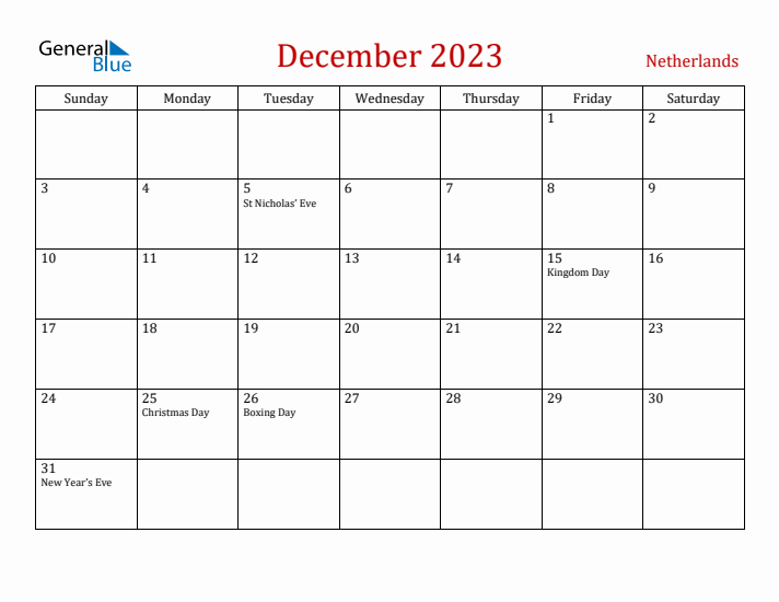 The Netherlands December 2023 Calendar - Sunday Start