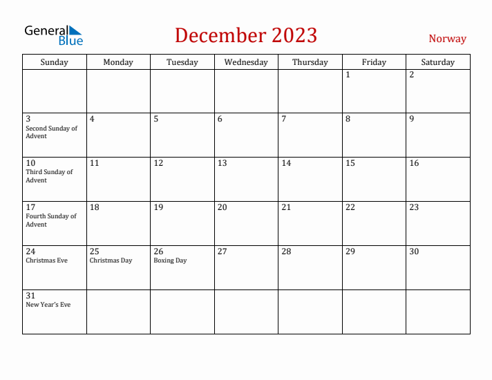 Norway December 2023 Calendar - Sunday Start