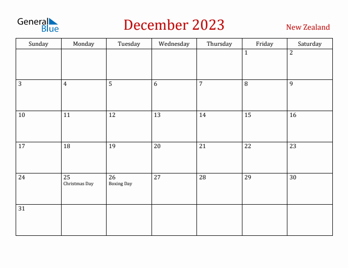 New Zealand December 2023 Calendar - Sunday Start
