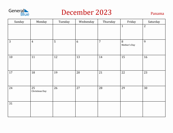 Panama December 2023 Calendar - Sunday Start