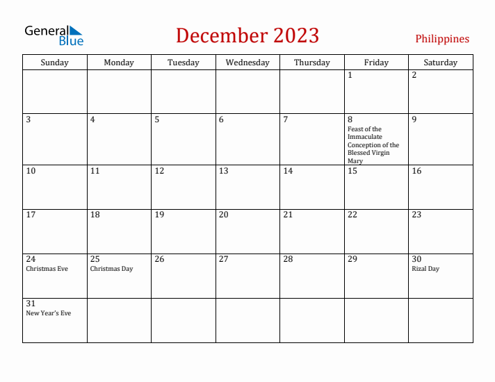 Philippines December 2023 Calendar - Sunday Start