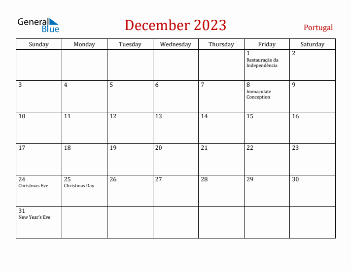 Portugal December 2023 Calendar - Sunday Start
