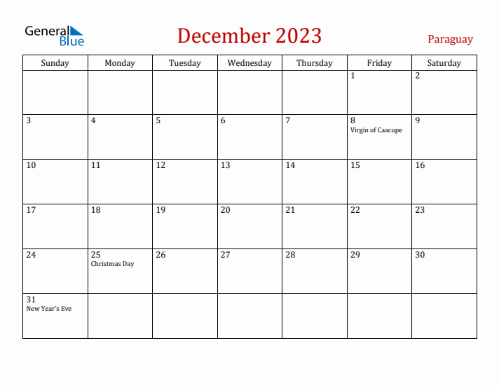 Paraguay December 2023 Calendar - Sunday Start