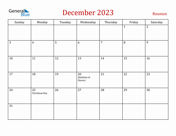 Reunion December 2023 Calendar - Sunday Start