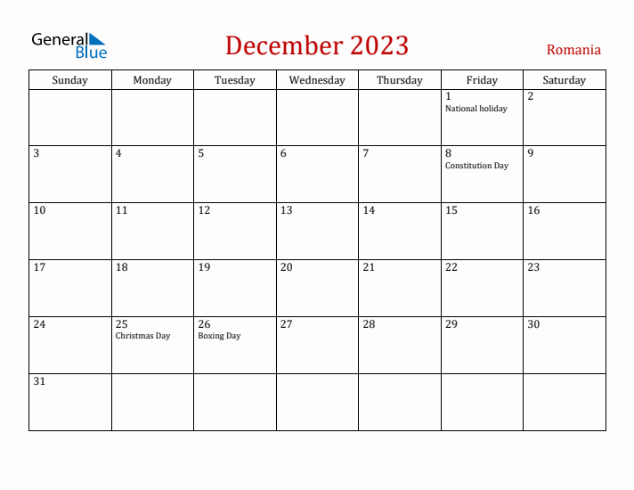 Romania December 2023 Calendar - Sunday Start