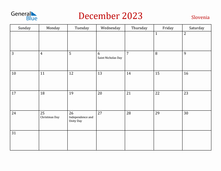 Slovenia December 2023 Calendar - Sunday Start