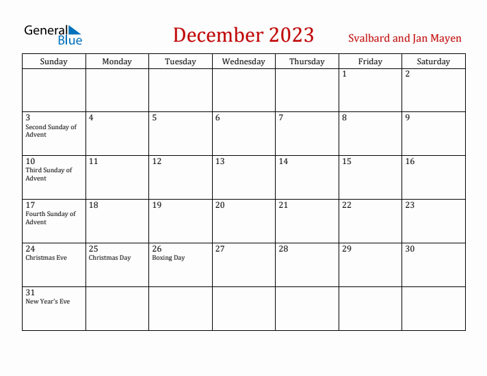 Svalbard and Jan Mayen December 2023 Calendar - Sunday Start