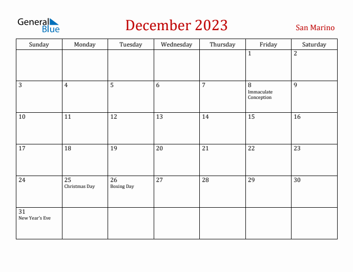 San Marino December 2023 Calendar - Sunday Start