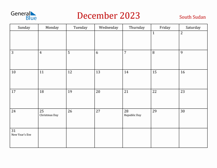 South Sudan December 2023 Calendar - Sunday Start